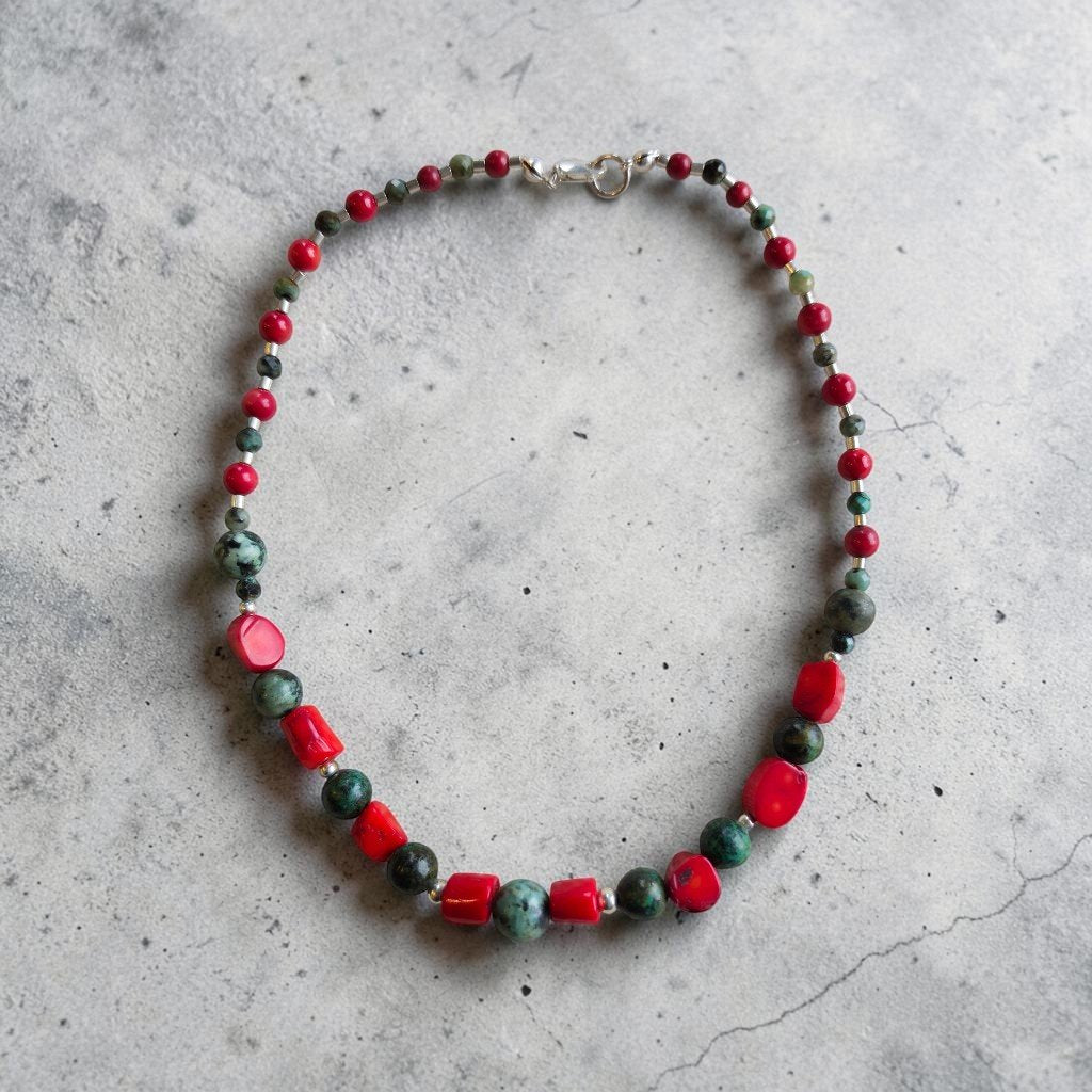 Collar de Turquesa Tibetana, Coral y Plata