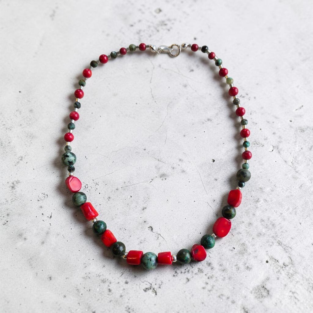 Collar de Turquesa Tibetana, Coral y Plata