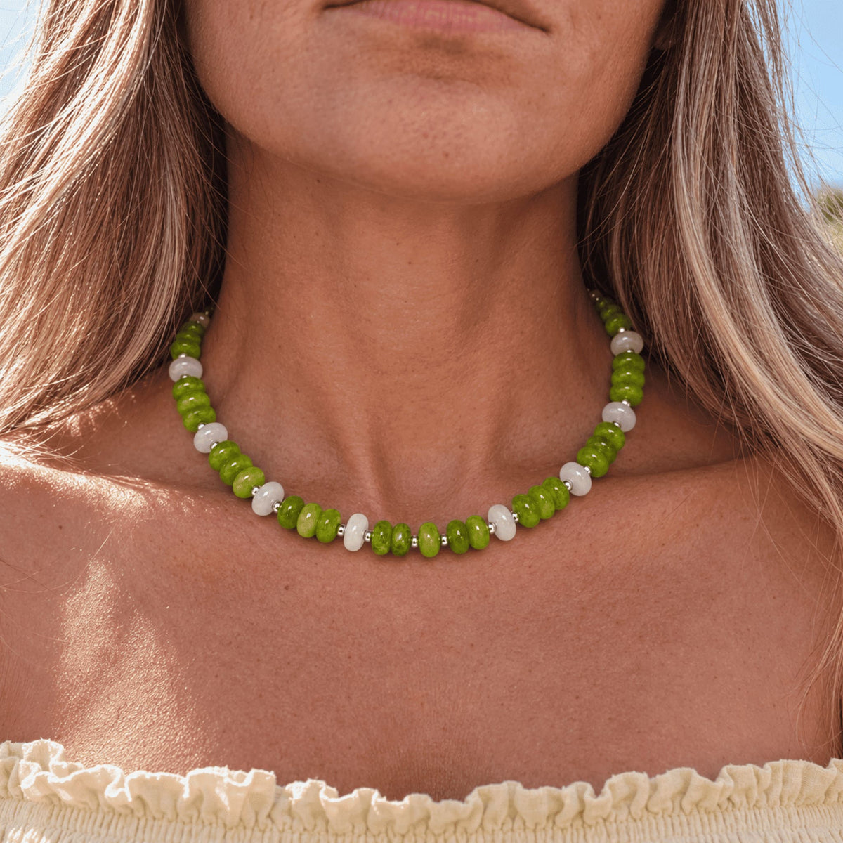 Collar de jade verde y blanco -  Plata