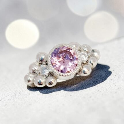 Anillo de plata 950 con cuarzo rosado y moissanitas - hecho a mano -