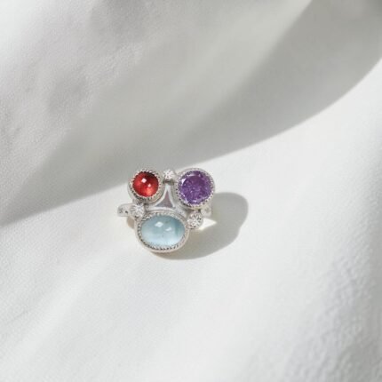 anillo Mix con granate, aguamarina y amatista