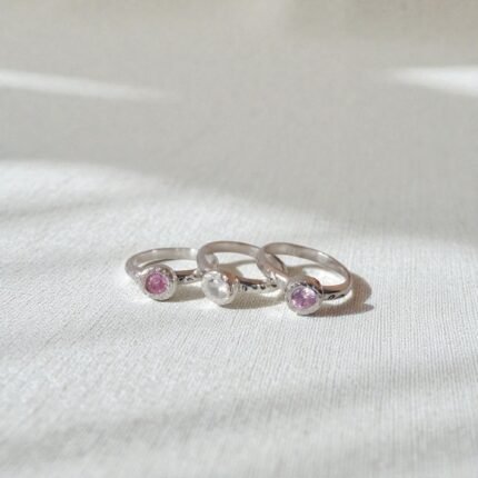Tres anillos leaf de Plata 950- dos rosados y uno con moissanita-Plataia