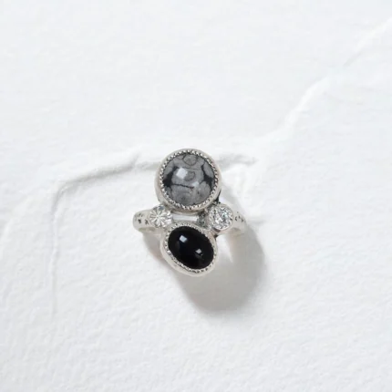 Anillo Mix de plata 950 con obsidiana nevada, ónix negro y moissanita