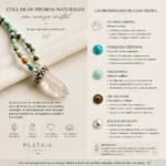 Collar de cuarzo cristal, turquesa tibetana, amazonita y ojo de tigre con información sobre las propiedades tradicionalmente atribuidas a sus piedras naturales.